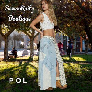 POL Maxi Faded Denim & Floral Printed Cotton Patchwork Baggy Maxi Jean Skirt